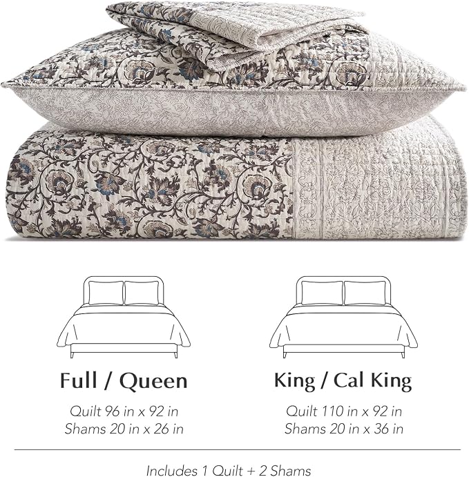 EverGrace 100% Cotton Floral Quilt Set, King Size, Farmhouse Taupe 110"×92" | Reversible Lightweight Bedspread Coverlet, Vintage Floral Farmhouse Bedding, Traditional Botanical Quilt with 2 Pillow Shams