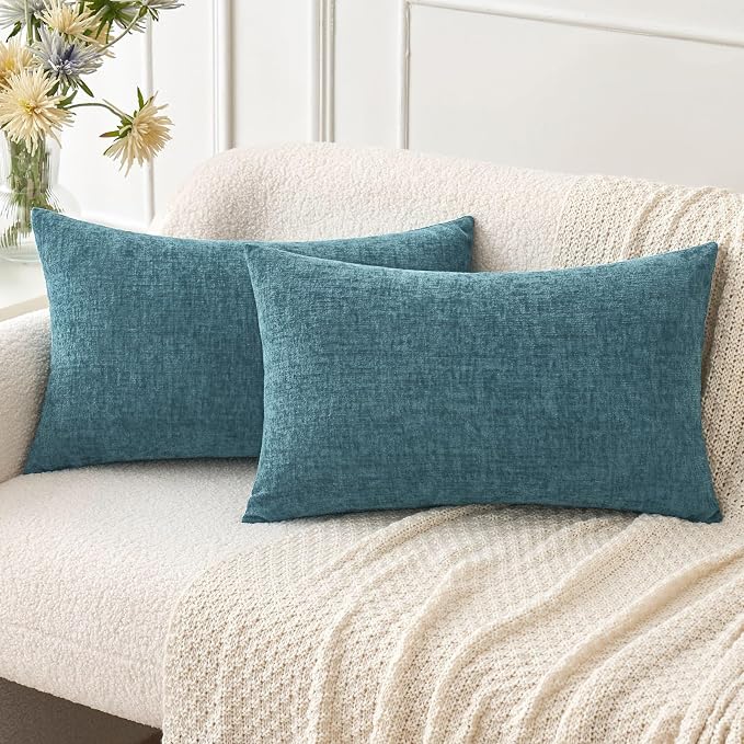 MIULEE Soft Chenille Lumbar Throw Pillow Covers Blue Ashes 12x20 Pack of 2 | Modern Coastal Home Decor, Classic Decorative Pillows, Solid Dyed Cases, Boho Couch Cushion Covers for Sofa Bed Living Room