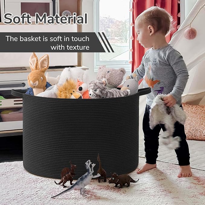 INDRESSME 115L Extra Large Woven Rope Blanket Basket Living Room, Black | 23.6" x 15.7" Storage baskets for toys laundry & pillows. Fits living room, bedroom or nursery décor. Soft-touch with handles