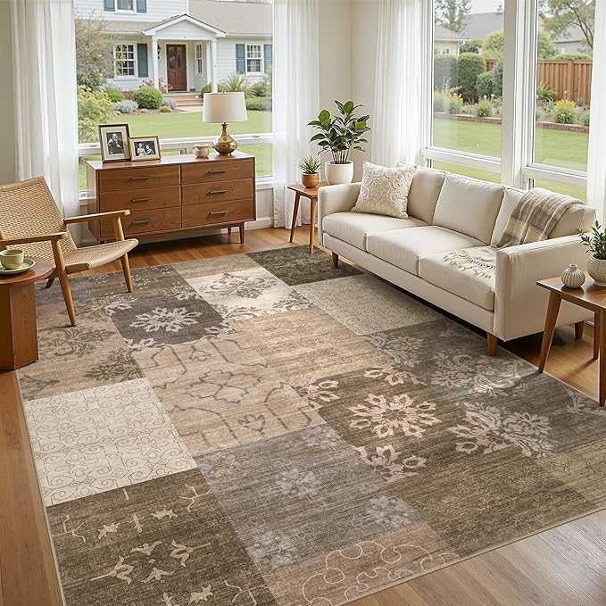 UERMEI 9x12 Area Rug for Living Room, Washable Brown Modern Geometric Patchwork Non Slip Stain Resistant Low Pile Foldable Carpet for Bedroom Dining Farmhouse Home Office