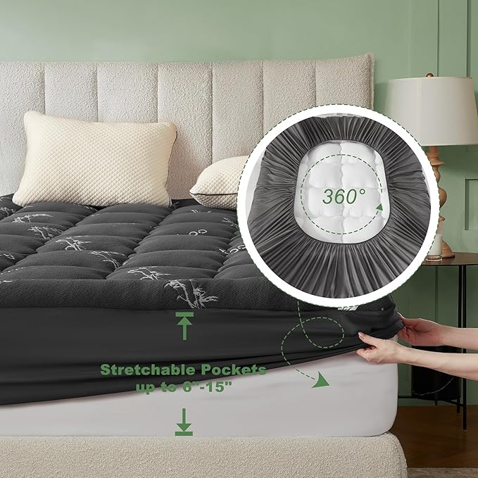 BEDLORE Full Size Mattress Topper Viscose Bamboo, Pillow Top Mattress Pad | Stretchable Pockets Fit 6"-15" Mattress, Soft Breathable Thick Mattress Topper for Back Pain Relief & Hot Sleepers(Dark Gray)