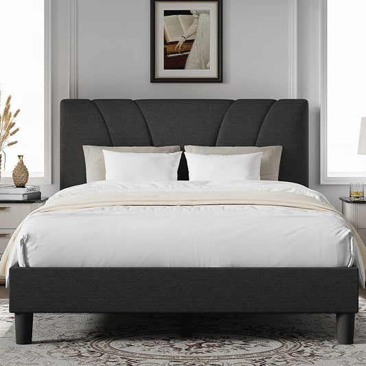 Novilla King Size Bed Frame with Adjustable Headboard Platform King Bed Frame Linen Fabric Upholstered Headboard, No Box Spring Needed, Noise-Free, Wooden Slats Support, Easy Assembly, Dark Grey