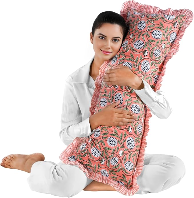 Ridhi Block Print Dark Salmon Pink Ruffle Lumbar Pillow Shams, 36" x 14" | 100% cotton, Floral Pillowcase, Cushion Cover, Hidden Zipper, Cottagecore Bedding, farmhouse boho style, fits couch, sofa,Bed