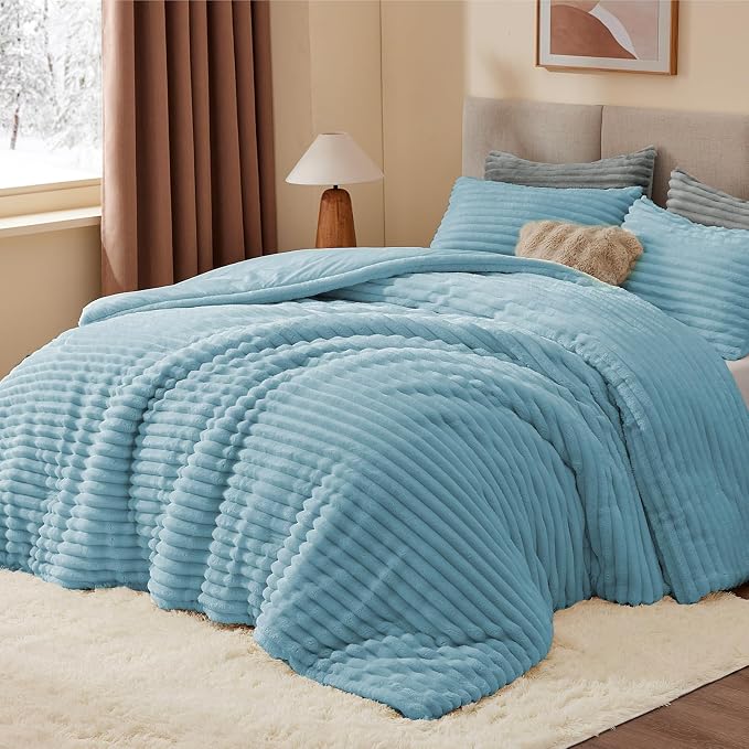BEDELITE Fleece Full Comforter Set, Fluffy Bed Set, Light Blue | Super Soft & Warm Bedding, Luxury Fuzzy Faux Fur Comforter for Winter, Heavy Plush Bedding, with 2 Pillowcases