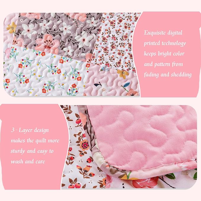 Whale Flotilla Patchwork Quilt King Size, Extra Soft Floral Bedspreads | Pink Reversible Lightweight King Quilt Bedding Set for Bed, Printed Coverlets with 2 Pillow Shams for All Seasons
