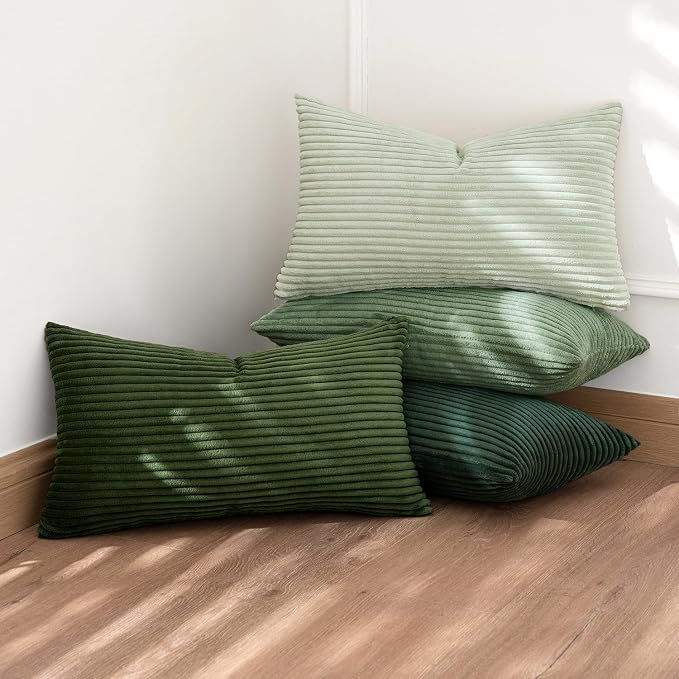 MIULEE Soft Corduroy Decorative Lumbar Pillow Covers Forest Green 12x20 | Set of 4, Mordern Nordic Home Decor, Green Gradient Matching, Boho Farmhouse Throw Pillows for Couch Bed Sofa Living Room
