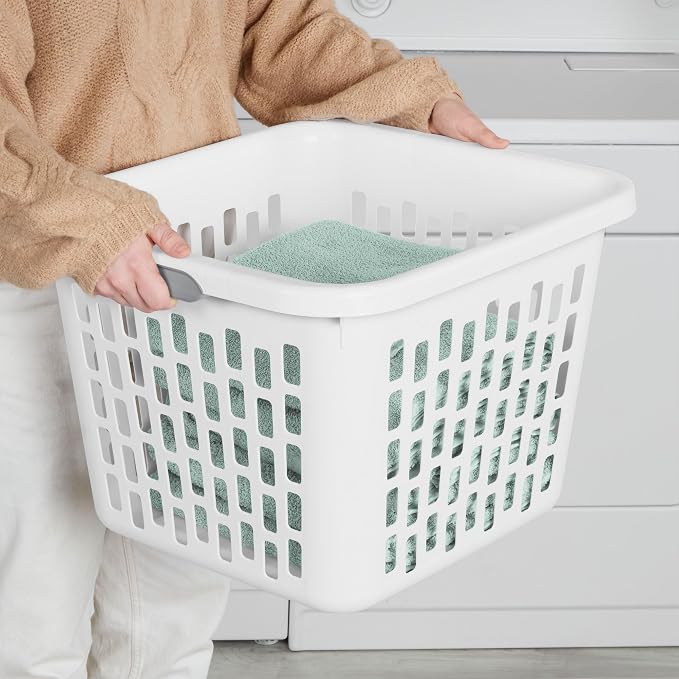 Sterilite Square Laundry Basket, Plastic Clothes Hamper, 6-Pack | 1.5 Bushel Capacity, White, Dirty Clothing Storage, Ventilated Rectangular Holes & Large Comfort Grip Handles for Easy Carry