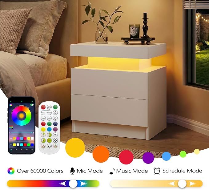 i-aplus LED Nightstand with Wood 2 Drawers Modern Bedside Table for Bedroom | Nightstands with App-Controlled RGB LED Lights, Night Stand with Storgae Drawer, Modern Bedside Table for Bedroom