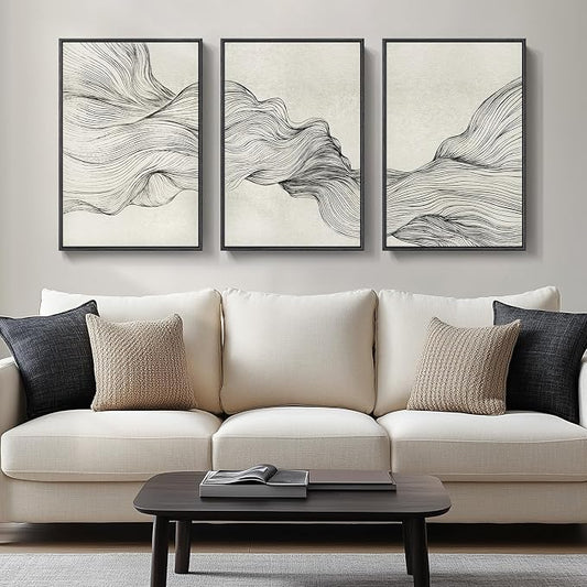 Large Framed Neutral Modern Abstract Wall Art for Living Room, 30x60 Inch | Set of 3 Abstract Artwork, Black Beige Canvas Prints, Modern Paintings, Minimalist Line Pictures, Hallway Office Wall Decor