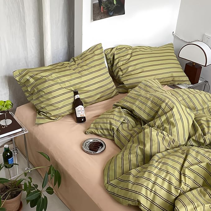 mixinni Vintage Stripes Duvet Cover Set Twin - 3-Piece Mid-Century Cotton Olive & Taupe Striped Bedding, Soft Breathable All-Season Comforter Cover with Zipper Closure & Corner Ties-Twin Size