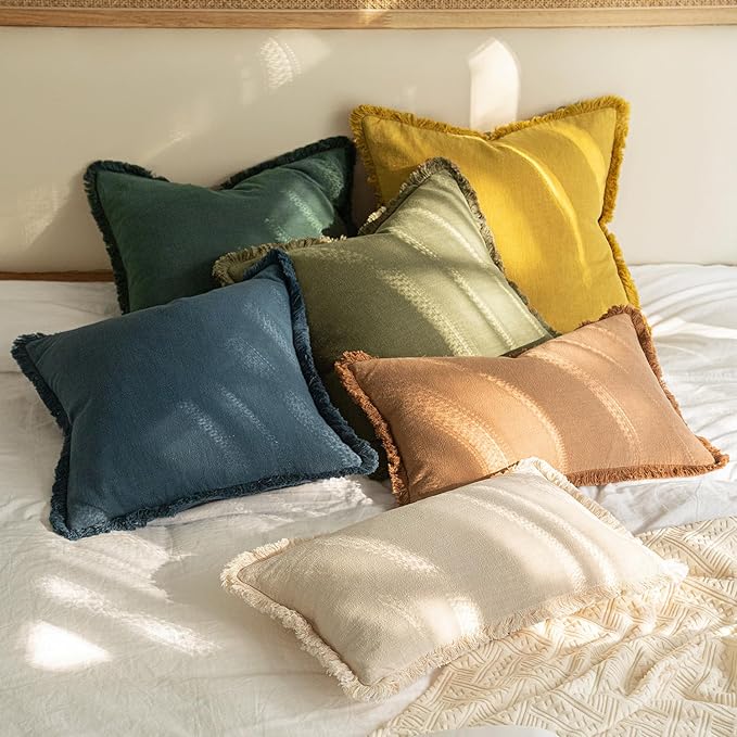 MIULEE Linen Fringe Decorative Euro Throw Pillow Covers Navy Blue 26x26 | Set of 2, Cottagecore Decor, Boho Farmhouse Coastal Pillow Covers, Rustic Couch Cushion Cases for Sofa Bed Living Room