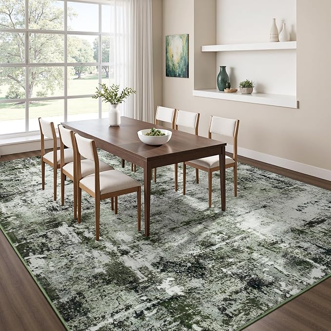 Rugflix 6x9 Area Rugs for Living Room, Washable Dark Green Large Rug | Machine Washable; Stain-Resistant; Low Pile; Non-Slip; Modern Abstract; Carpet for Bedroom Dining Office Nursery Home