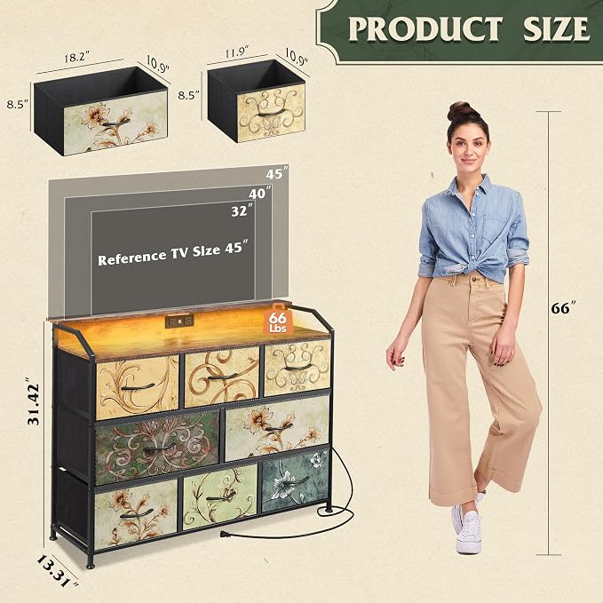 WLIVE Dresser for Bedroom, 8 Drawer LED Dresser with Outlet, Floral | 8 roomy fabric drawers, LED ambient lighting, Built-in power outlet, Bedroom or living room, Chest of drawers