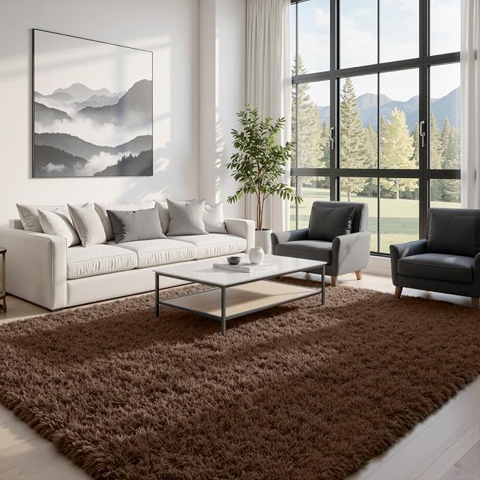 6x9 Fluffy Shag Area Rugs for Living Room Bedroom: Soft Plush Carpet Brown | Upgraded Non-Slip Thick Memory Foam, Ultra Soft, Non-Shedding Fuzzy Carpet, Easy Clean Decor for Kids Room, Nursery, Playroom