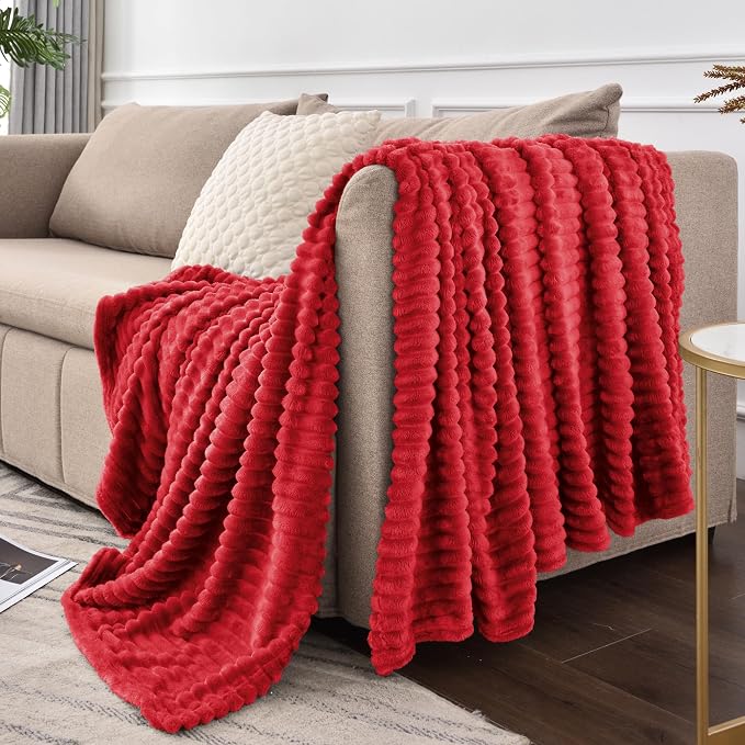 BEDELITE 3D Ribbed Jacquard Red Fleece Twin Blanket for Couch, 60x80 Inch | Soft Warm Fluffy Throw Blanket for Bed Sofa College Dorm Room Decor, Luxury Cozy Plush Gifts for Women Girls, Lightweight