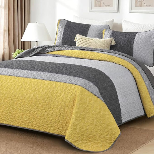Cottolester Quilts Queen Size,Yellow Grey Striped Bedspread Coverlet Set | Lightweight Coverlet Set with 2 PillowShams,All Seasons Microfiber Quilt Bedding Sets for Bedroom Guest Room 96"x90"