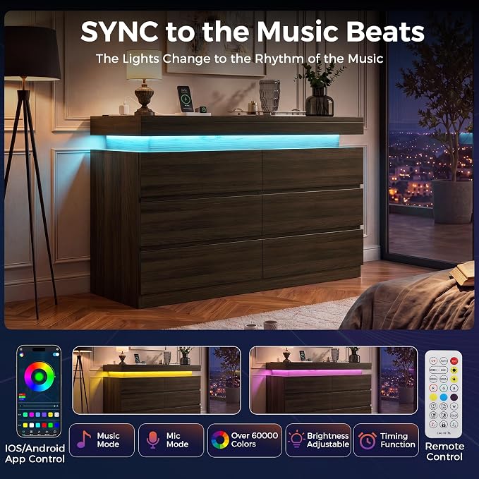 6 Drawer Dresser with LED Lights and Charging Station, Modern Brown Dresser | RGB Lights with App and Remote Control, Music Sync Mode, 6 Spacious Drawers and Durable MDF Storage for Bedrooms or Closets