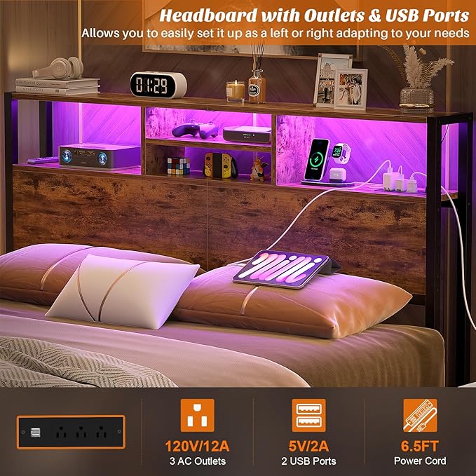 Aheaplus Headboard for Queen Size Bed with Storage, Headboards with Outlets | Queen Size Head Board Only, USB Ports and LED Light, Height Adjustable, Reversible, Sturdy and Stable Headboard, Rustic Brown