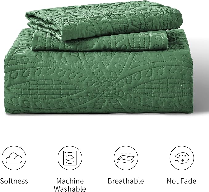 Love's cabin Quilts for Queen Bed Dark Green Bedspreads - Soft Bed Summer Lightweight Bedspread Comforter - Modern Style Coin Pattern Coverlet for All Season - 3 Pieces (1 Quilt, 2 Pillow Shams)