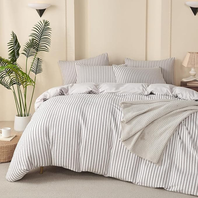 Grey Comforter Set King Soft Luxury Washed Microfiber Jacquard 3 Pieces Bedding, White Grey Vertical Ticking Stripes Pattern Comforter with 2 Pillowcases Breathable Durable Comfy