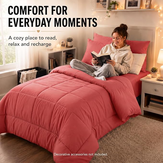 Twin XL Comforter Set Coral - 5 Pieces Twin XL Bed in a Bag | College Dorm Essentials, OEKO-TEX Certified, All Season, Down-Alternative Comforter + Flat & Fitted Sheets + 2 Pillowcases
