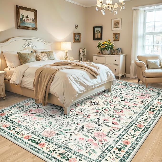 PLHXFR 6x9 Area Rug Living Room: Floral Washable Boho Carpet Green Beige | For Bedroom Dining Room Farmhouse Nursery Hallway,Vintage Floral,Machine washable,Non Slip,Stain Resistant,Large Indoor