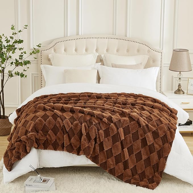PU MEI Luxury Faux Fur Rabbit Fur Throw Blanket Brown 90"x80",Plush Reversible Sherpa Blankets,Queen Fuzzy Elegant Blanket Thick Throws for Bed,Washable Bedding Accent Blankets for Sofa Couch Chair