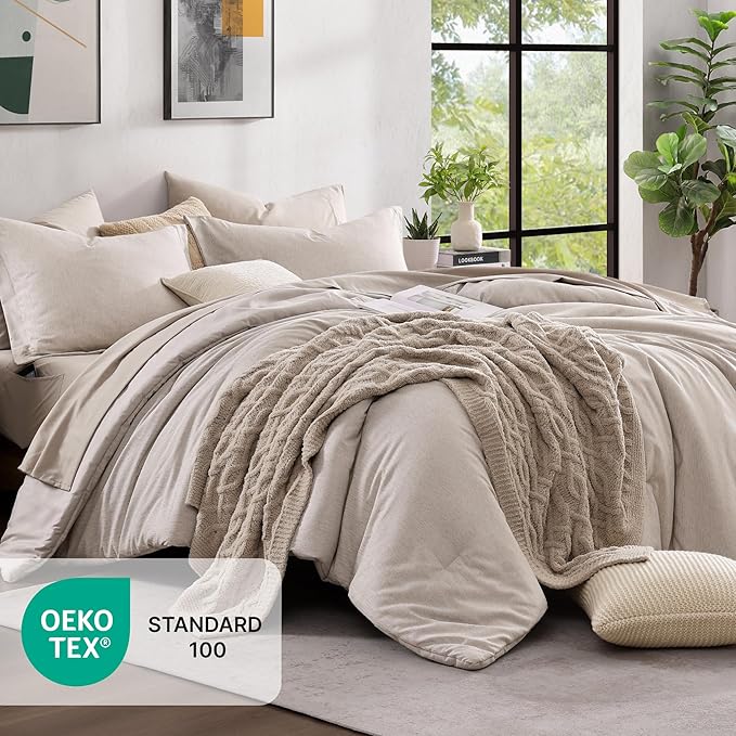 Monbix Full Size Comforter Set 7 Pieces Oatmeal Beige Bed in a Bag | Cationic Dyeing Reversible All Season Bedding Sets with Comforter, Sheets, Pillowcases & Shams
