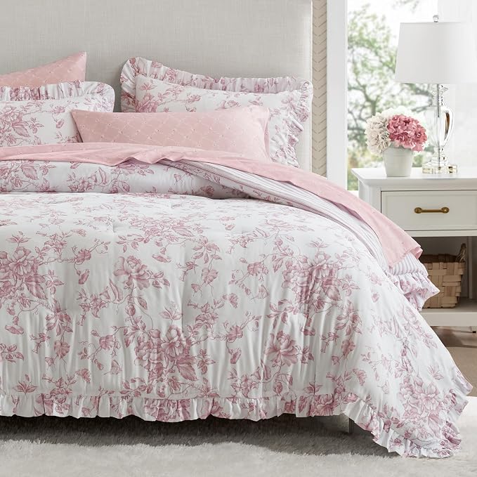 Madison Park Essentials Pink Floral Comforter Set with Sheets King,7pc | Vintage, Ruffle Bed in a Bag, Reversible, Elegant Bedding Set, All Season, Machine Washable, Wrinkle Resistant, Ultra Soft