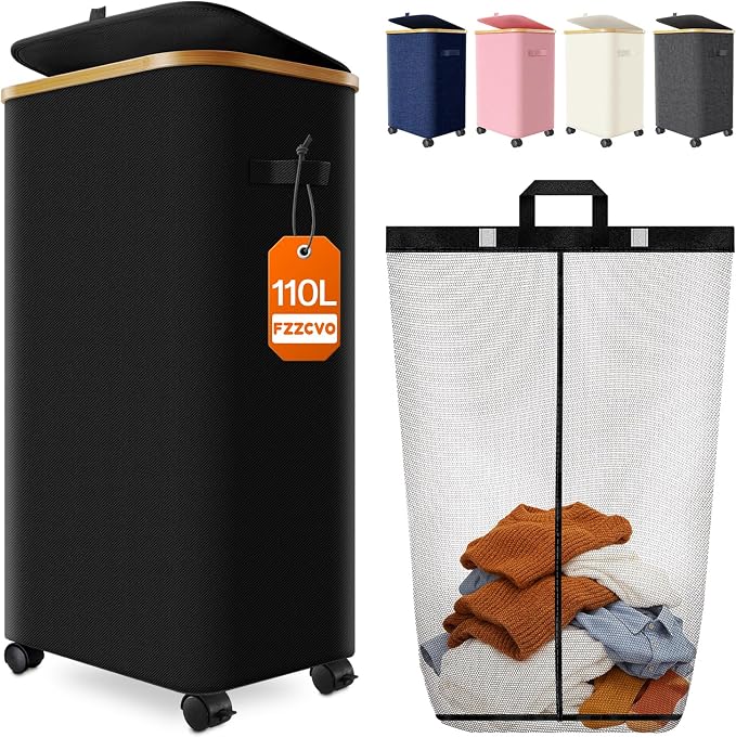 Laundry Basket with Wheels, 110L Large Rolling Laundry Hamper for Dorm | Clothes Hampers for Laundry with Inner Bag, Collapsible Dirty Clothes Hamper for Bedroom, Bathroom, Laundry Room
