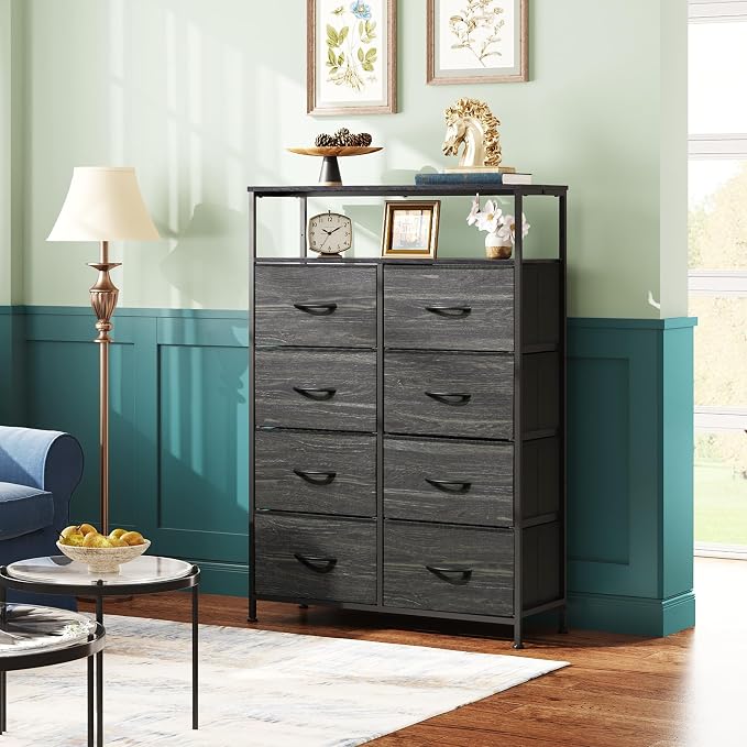 WLIVE 8 Drawer Fabric Dresser Open Shelves, Tall Bedroom Chest, Charcoal | 8 fabric drawers plus open shelves, steel frame with wood top, great for bedroom closet entryway and dorm storage