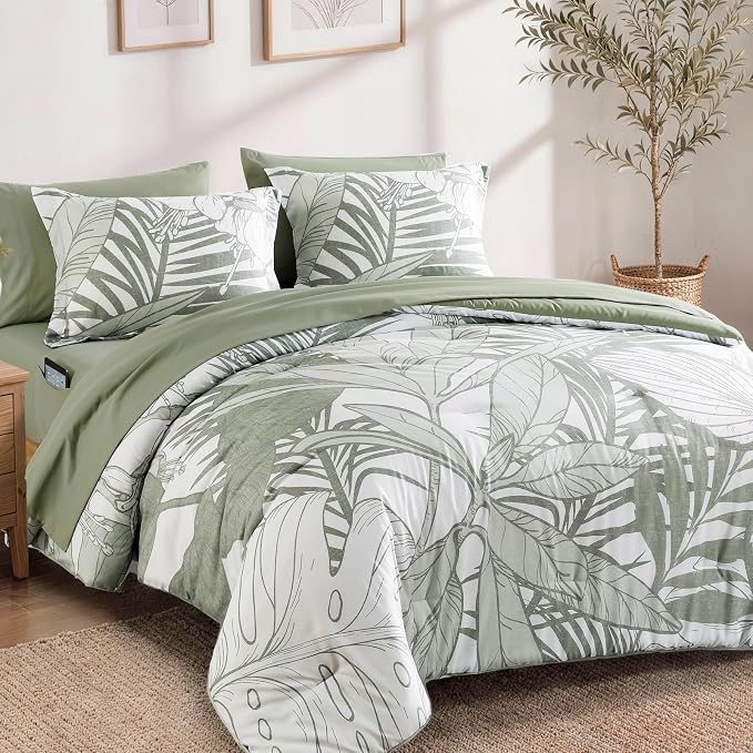 King Size Comforter Set-7 Pieces Green Jungle Bed in a Bag King Bedding Set | All Season Botanical Tropical Palm Leaf Comforter Set with Sheets, Pillowcases & Shams