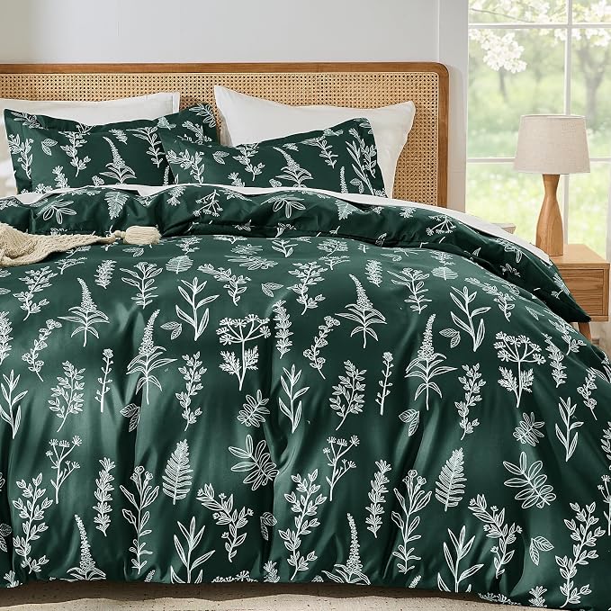 MUXHOMO Duvet Cover Queen Size, Reversible Floral Forest Green Duvet Cover Set with Zipper Closure, 3 Pieces Botanical Patterns Soft Microfiber Bedding Set with 4 Ties (90"x90", 2 Pillow Cases)
