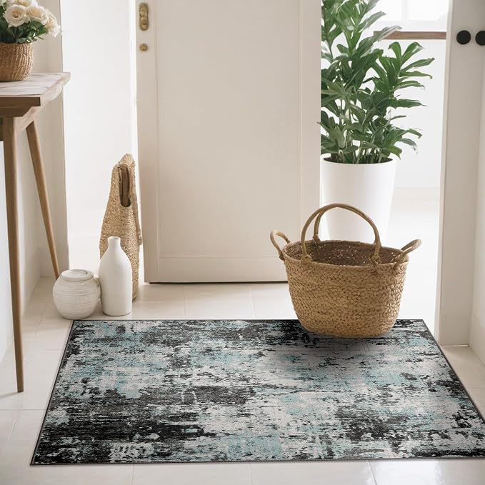 RELEANY Washable 2'x3' Abstract Area Rug for Living Room Teal Black | Carpet for Bedroom, Kitchen, Office, Hallway and Entryway, Printed Pattern, Non‑Slip, Soft, Stain‑Resistant, Easy to Clean