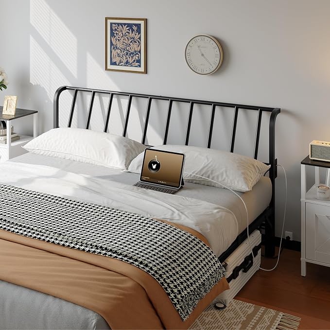 MAHANCRIS King Size Headboard Only, Metal Headboard with 2 Power Strips, 95 Degrees Reclining Backrest with Bed Frame Adapters, Easy Assembly, Black