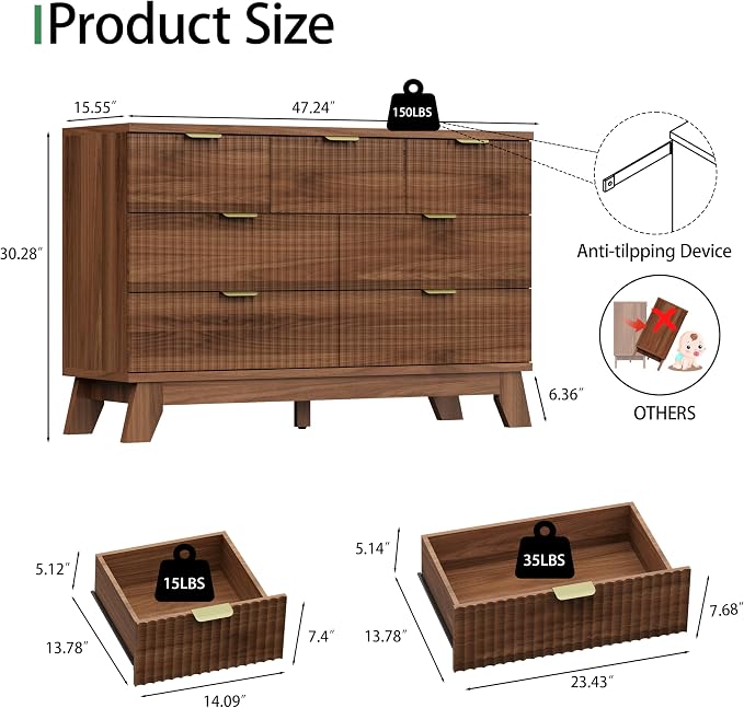 Xixini Fluted Dresser for Bedroom with 7 Drawers, 48" Wide Modern Chest of Drawers with Metal Handle, Wood Dresser TV Stand, Wooden Closet Clothes Storage Organizer for Living Room, Hallway, Walnut