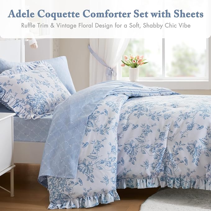 Madison Park Essentials Blue Floral Comforter Set with Sheets Twin XL,5pc | Reversible, Elegant College Dorm Bedding, Ruffle Bed in a Bag, All Season, Machine Washable, Wrinkle Resistant, Ultra Soft