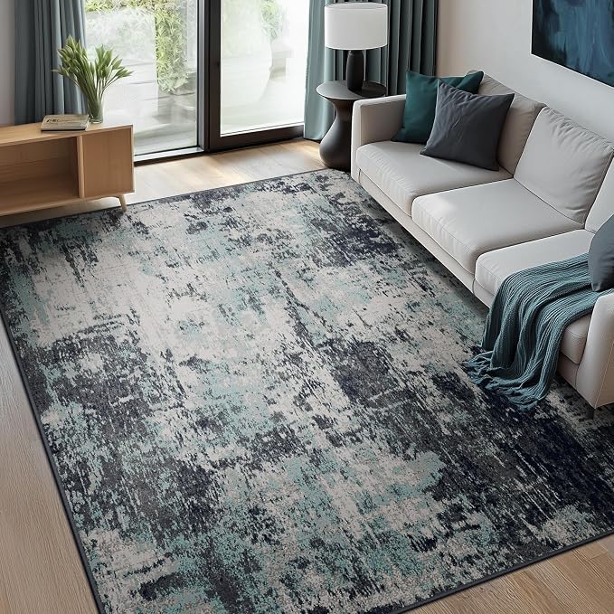 RELEANY Washable 5'x8' Abstract Area Rug for Living Room Teal Black | Carpet for Bedroom, Kitchen, Office, Hallway and Entryway, Printed Pattern, Non‑Slip, Soft, Stain‑Resistant, Easy to Clean
