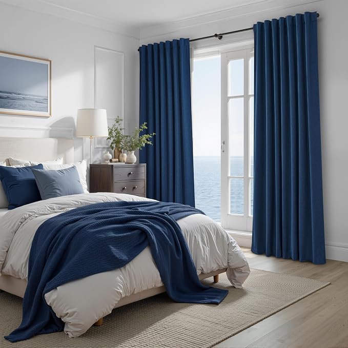 Navy Blue Blackout Curtains 84 Inch Length for Kids/Boys Rooms/Bedroom, Floor to Ceiling Track Pleated Drapes with Hooks Linen Thermal Coastal Curtain Dark Blue Window Burg 50"Wx84"Lx 2Panels Back Tab