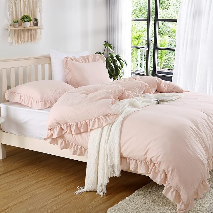 CAROMIO Pink Ruffle Duvet Cover Queen Size, 3PCS Soft Washed Microfiber Vintage French Country Duvet Cover Set for Queen Bed, Pink, 90x90 in