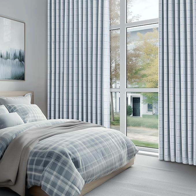 Beauoop Blue Plaid Jacquard Blackout Curtains for Bedroom 52x96 2 Panels | Gingham Checkered Room Darkening Drapes for Living Room 96 Inch Long Thermal Insulated Soundproof Window treatment Grommet
