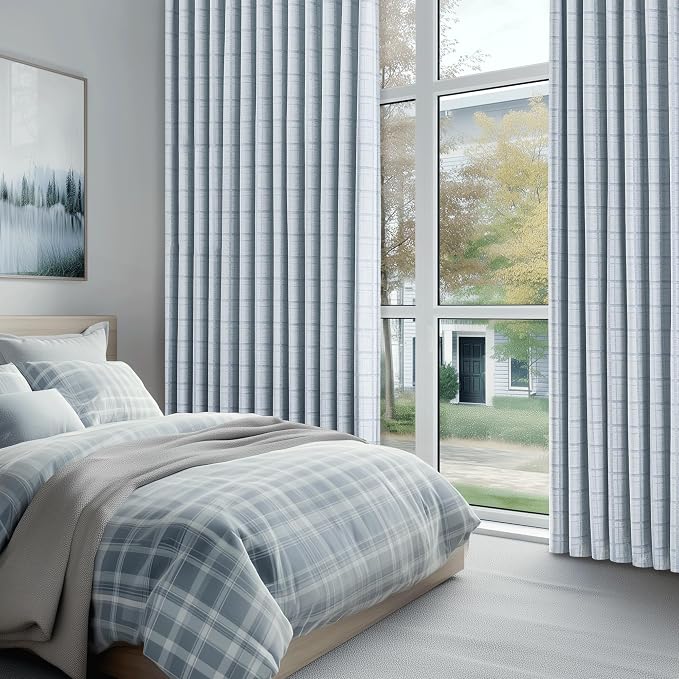 Beauoop Blue Plaid Jacquard Blackout Curtains for Bedroom 52x108 2 Panels | Gingham Checkered Room Darkening Drapes for Living Room 108 Inch Long Thermal Insulated Soundproof Window treatment Grommet