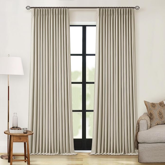 Burlywood Birch Black Out Pleated Linen Curtains 102 Inches Long 2 Panels | 2 Layers for 100% Blackout Thermal Insulated, Pinch Pleat with Back Tab, Memory Shape, Taupe Drapes for Bedroom Living Room