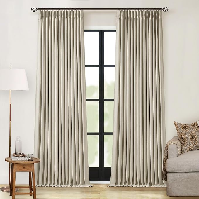 Burlywood Birch 100% Blackout Pinch Pleated Linen Curtains 90 Inches Long | Insulated Thermal Heat Reducing, Memory Shape, for Bedroom Living Room, Taupe Pleated Curtains with Hooks Rings, 2 Panels