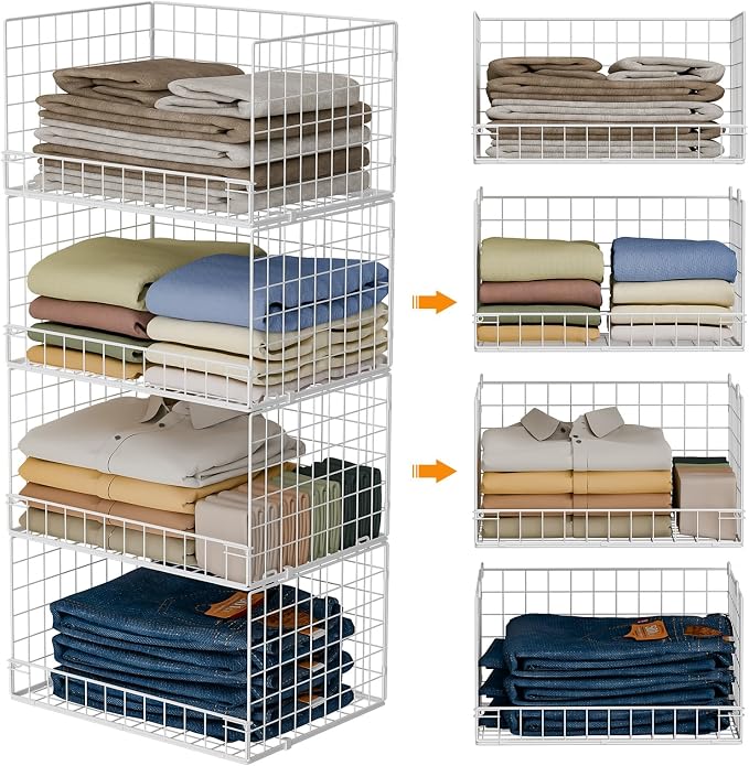 Yociyoga 4-Tier Stackable Closet Organizers and Storage Basket, Foldable Closet Shelf Organizer System, Space-Saving Clothes Storage Drawer Organizer for Wardrobe, White (Patent 30022416)