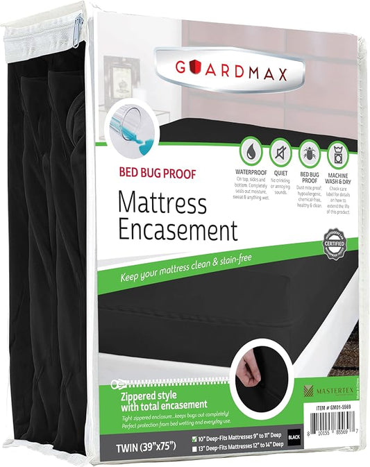 Guardmax Twin Mattress Encasement with Zipper, Waterproof, Bed Bug Proof, and Dust Mite Proof Mattress Protector for Twin Size Bed up to 10" Deep, Zippered All Around Jersey Knitted Mattress Cover