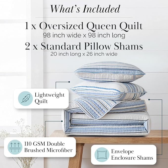 Southshore Fine Living, Inc. Oversized Queen Quilt Set, Striped Blue/White Quilt Bedspread Queen/Full, 3-Piece Coastal Bedding Set with Lightweight Coverlet and Matching Quilted Shams, Blue Stripes