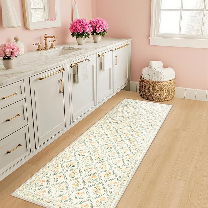 PLHXFR 2x6 Washable Runner Rug：Floral Indoor Kitchen Carpet Beige Multi | For Hallway Bedroom Kitchen Laundry Bathroom Dorm,Vintage Floral,Machine washable,Non Slip,Stain Resistant,Indoor Floor