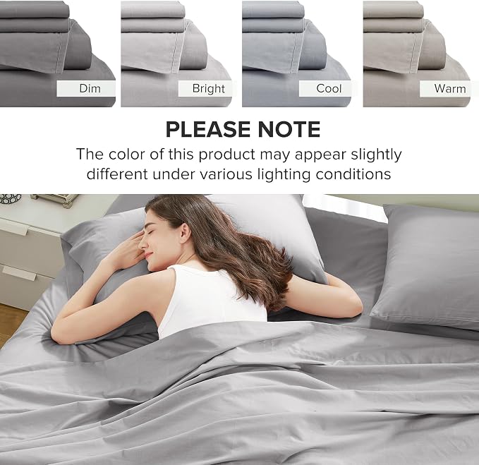 Comfort Spaces 100% Cotton Percale Sheets Queen Sheet Set 4 Piece, Grey | Crisp, Cool & Breathable Bed Sheets, 14" Deep Pocket Fits Up to 16" Mattress, Lightweight, All Season Cozy, with Pillow Case
