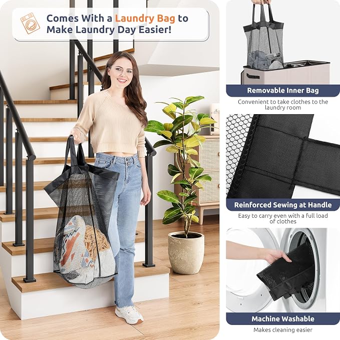 SOLEDI Large Laundry hamper 3 Section with Laundry Bag, XL Clothes Basket | 3-Section Large capacity Laundry Sorter with Odor-Blocking Lid, Robust Iron Frame & Waterproof 600D Fabric, 3 Washable Bags